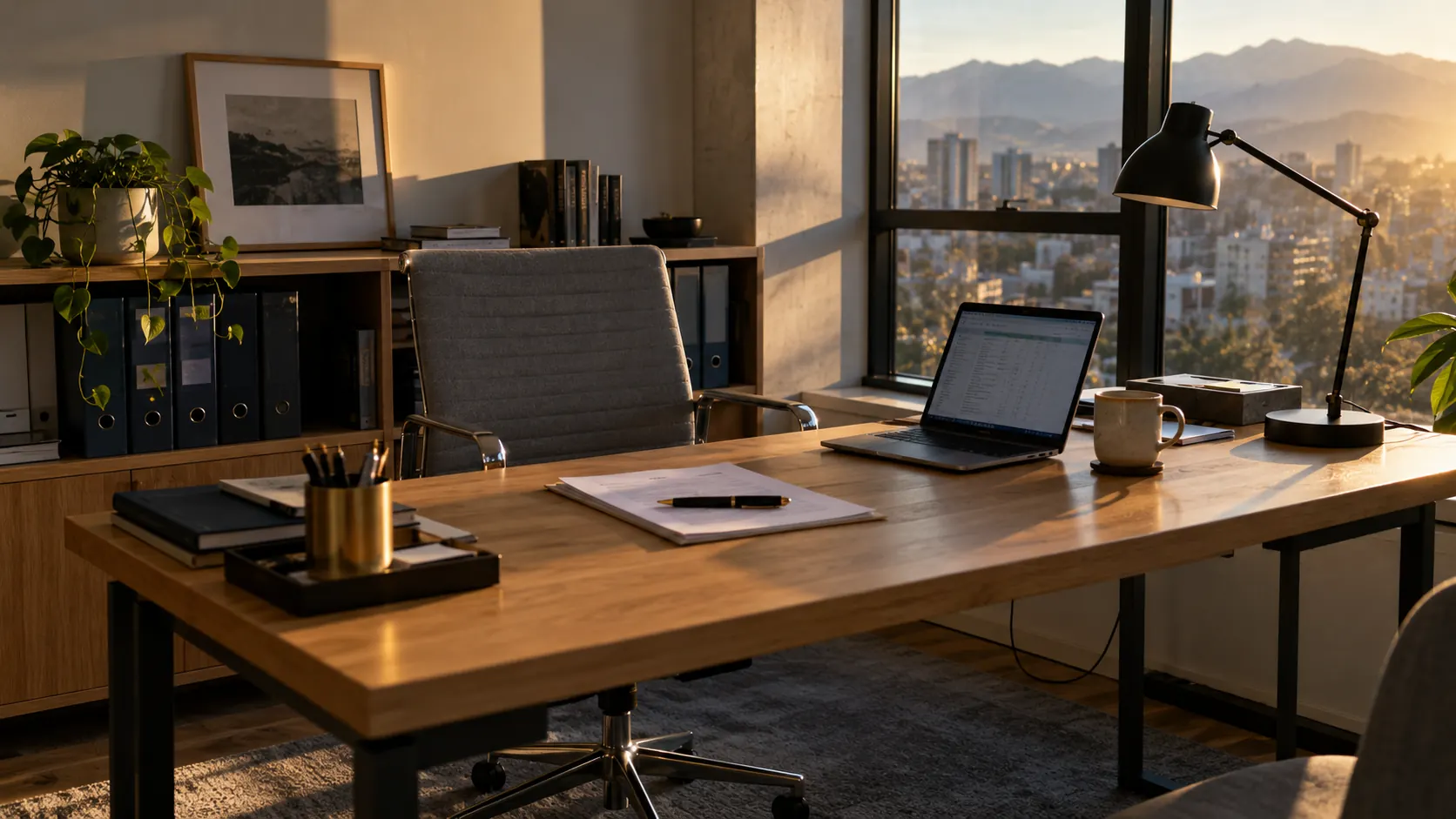 Escritorio de trabajo junto a una ventana con vista a la ciudad
