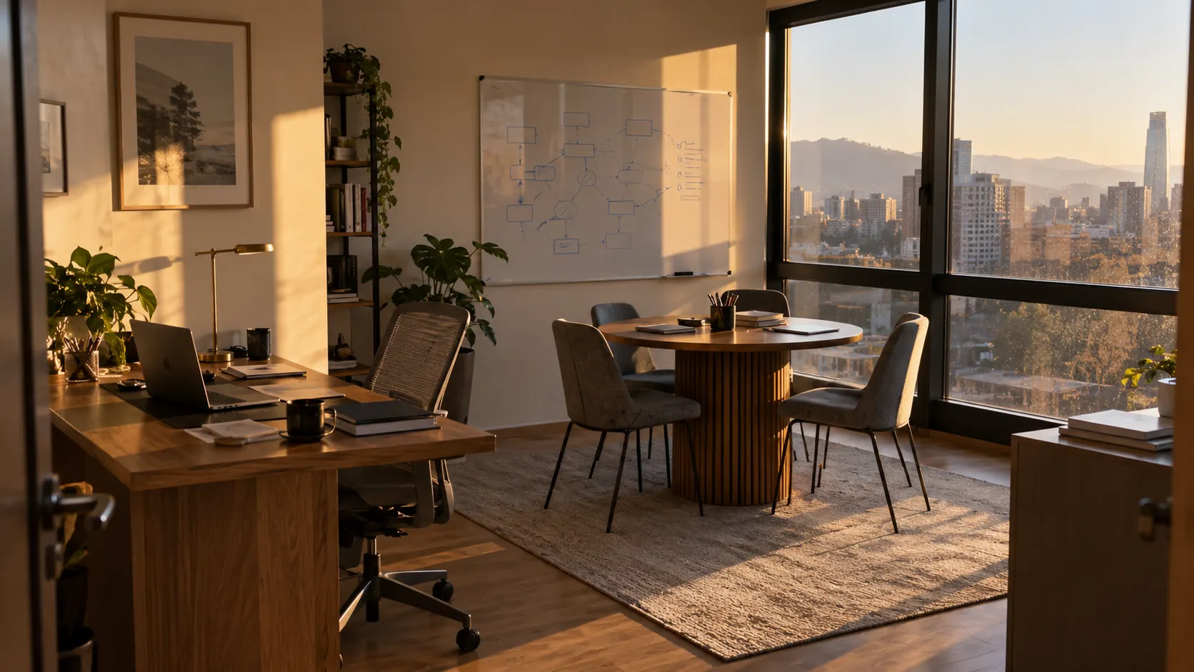 Oficina completa con mesa de reuniones y ventanal
