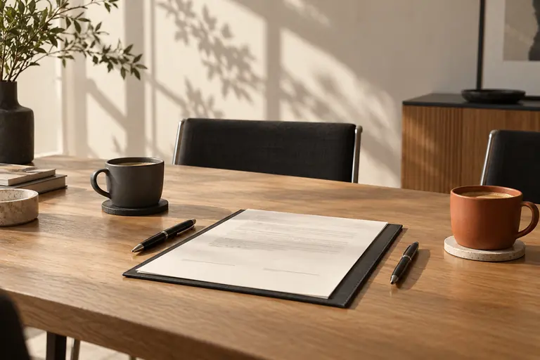 Mesa de reunión con un documento en una carpeta, dos lapiceras y dos tazas de café