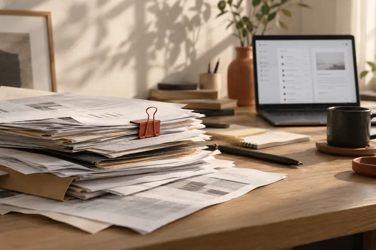 Pila de planillas impresas sujetas con un clip terracota, frente a un notebook