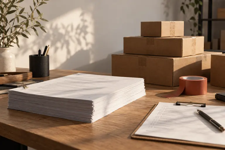 Contrato impreso y voluminoso junto a cajas de despacho y una tablilla con una lista