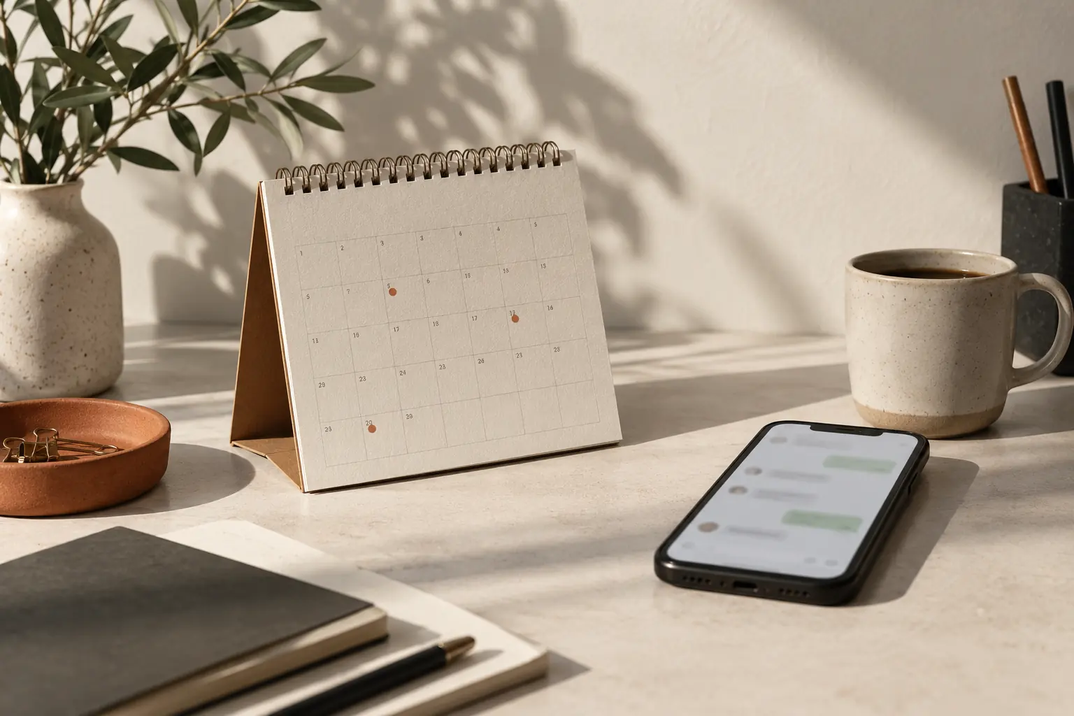 Calendario de escritorio con días marcados en terracota junto a un teléfono con mensajes