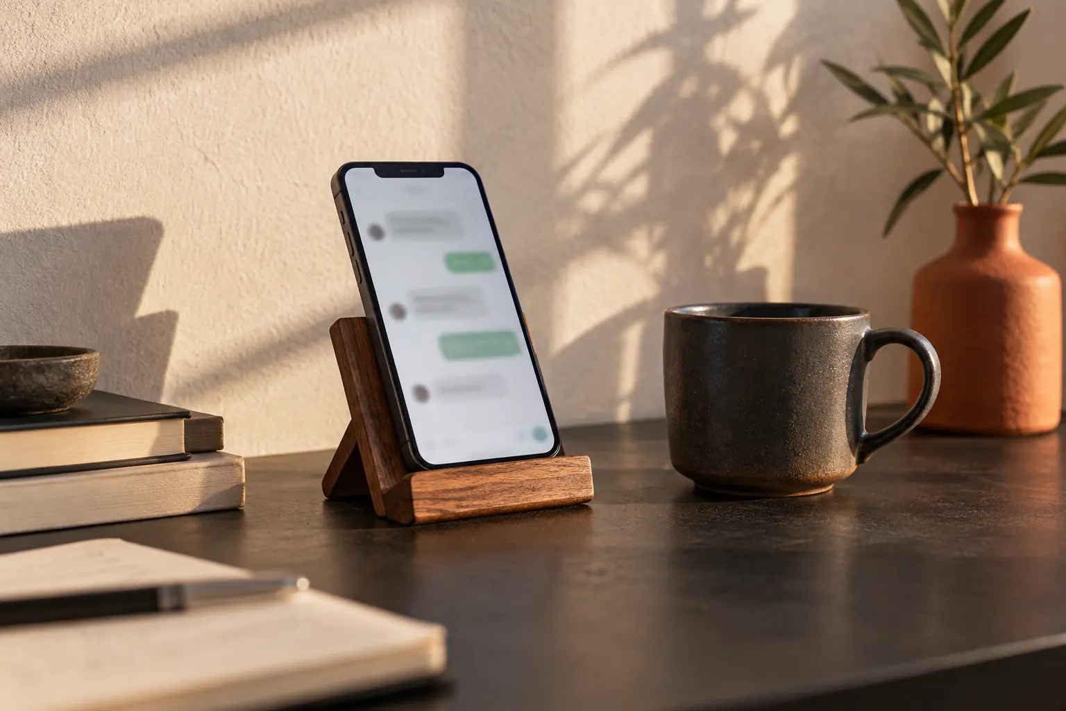 Teléfono con una conversación de mensajes sobre un soporte de madera junto a una taza