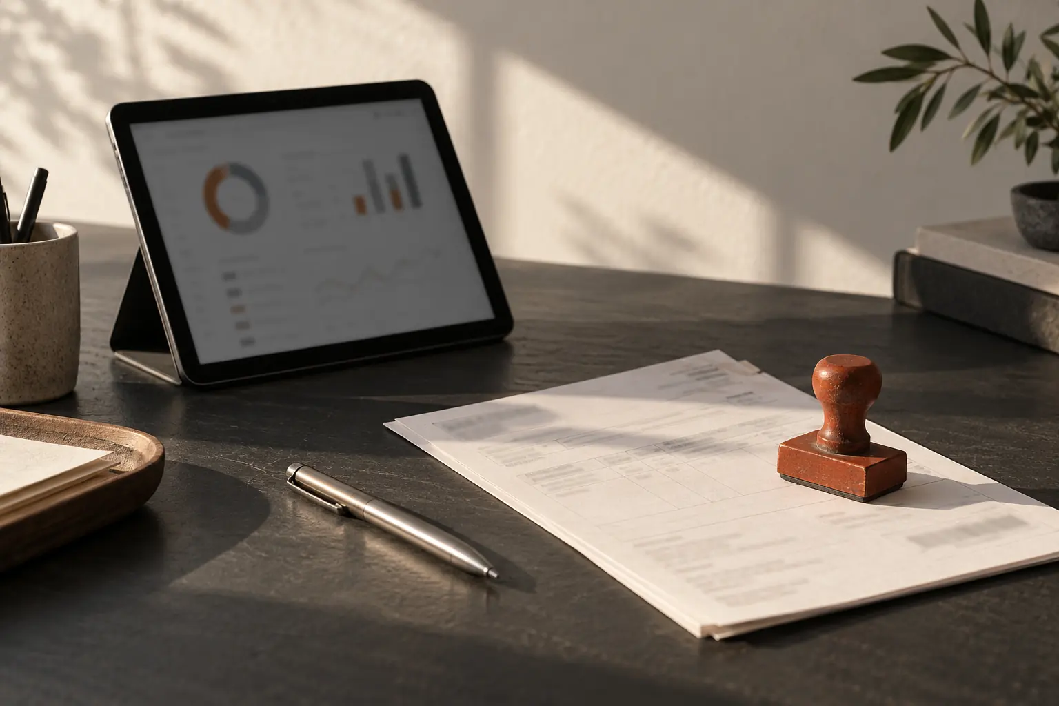 Tablet con gráficos de gestión junto a documentos y un timbre terracota